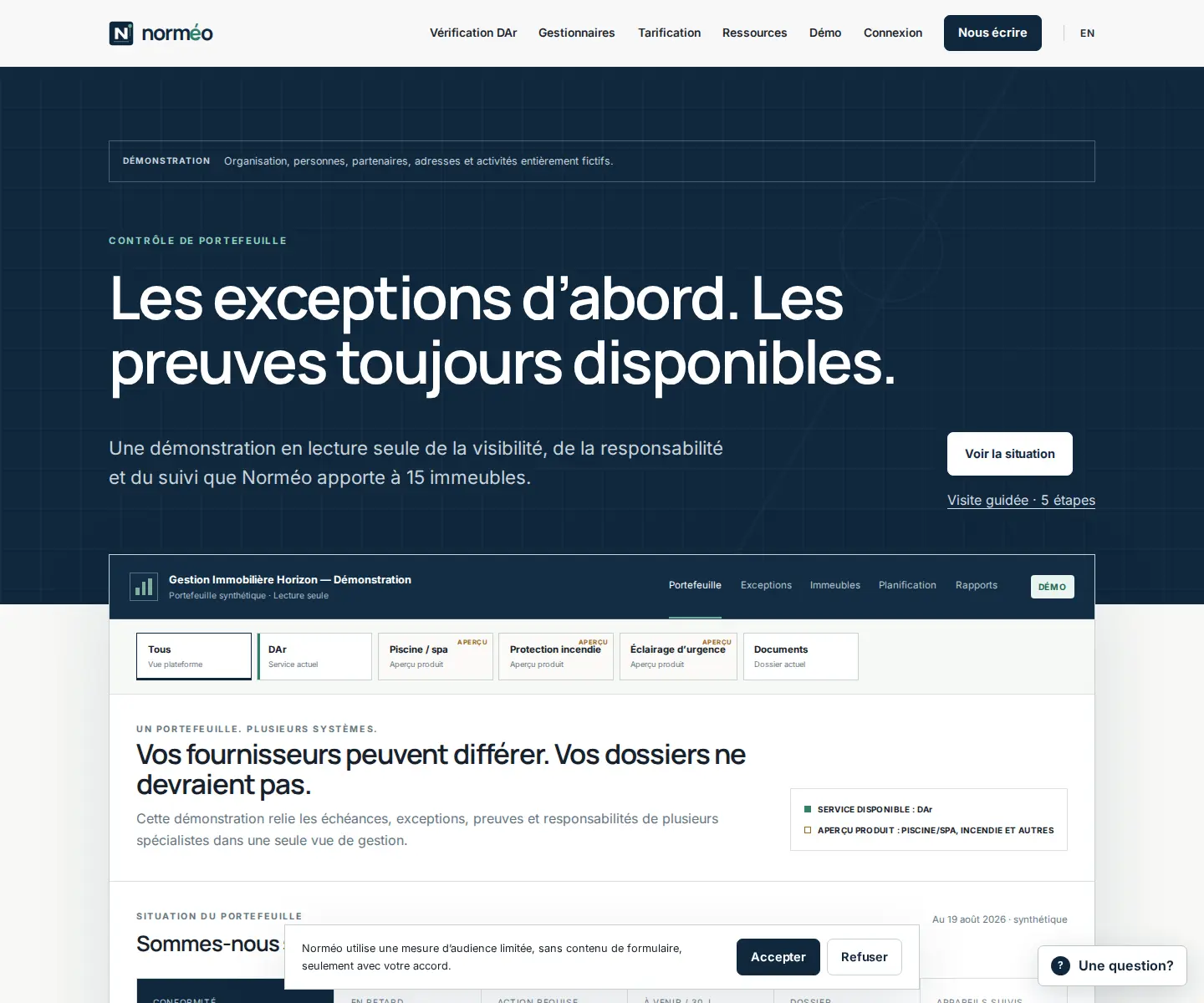 Norméo French demonstration interface showing an exception-first portfolio workflow and clearly labelled synthetic data.